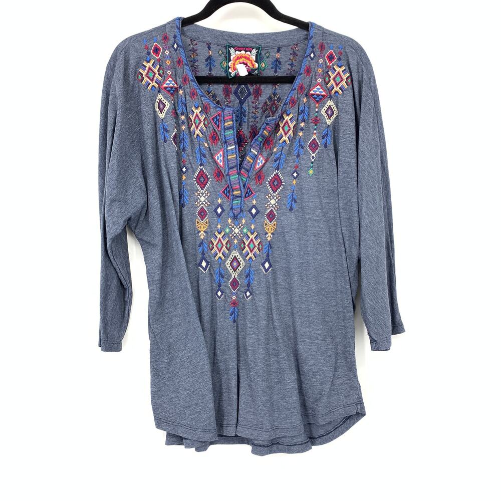 Johnny Was Womens Large Embroidered Tunic Top Blue Multicolor Geometric Boho